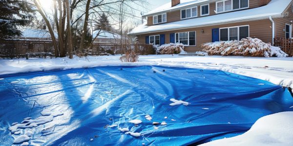Covering a small pool with a blue tarp in winter to keep it clean and debris-free.